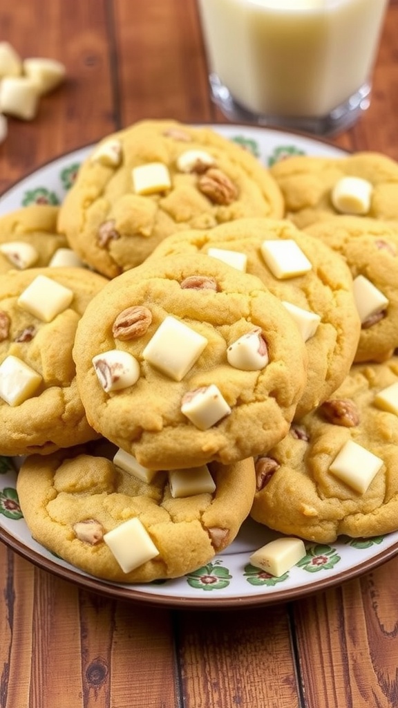 A close-up of chewy white chocolate macadamia nut cookies on a plate with milk.